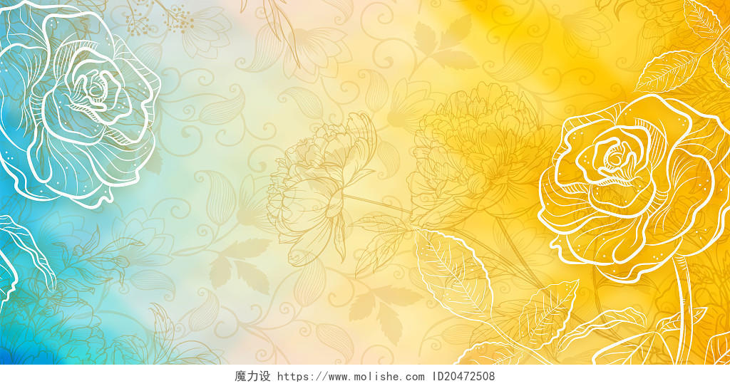 彩色手绘花纹纹理国花牡丹金色底纹白色玫瑰展板背景